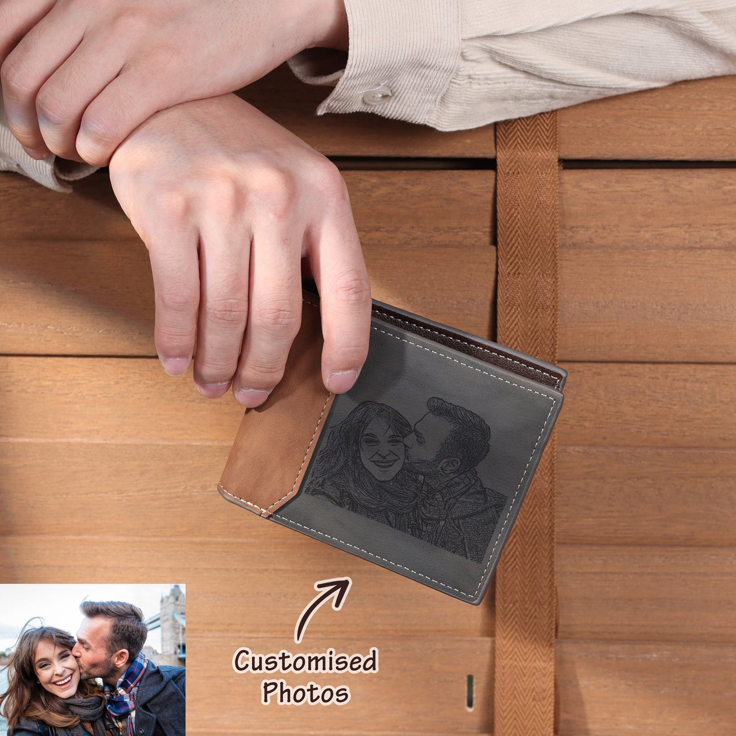 Aangepaste fotoportemonnee voor heren, grijs, gepersonaliseerde cadeaus