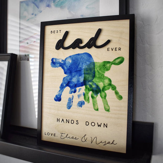 Hands Down Beste Vader Ooit | Gepersonaliseerd Gegraveerd Houten Bord | Vier Vader met Handafdrukken en Aangepaste Boodschap | Handgemaakt Vaderdag Geschenk