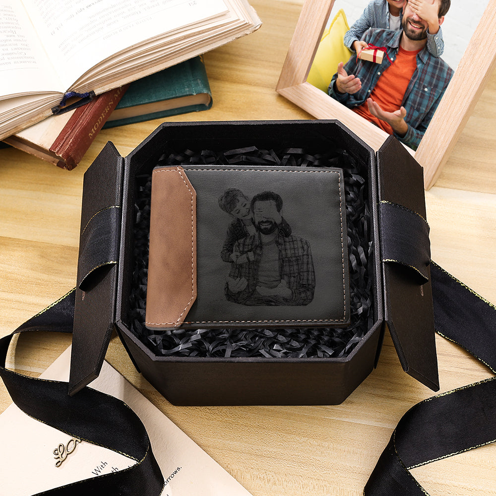 Aangepaste fotoportemonnee voor heren, grijs, gepersonaliseerde cadeaus