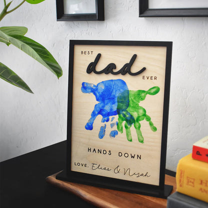 Hands Down Beste Vader Ooit | Gepersonaliseerd Gegraveerd Houten Bord | Vier Vader met Handafdrukken en Aangepaste Boodschap | Handgemaakt Vaderdag Geschenk