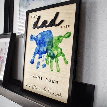 Hands Down Beste Vader Ooit | Gepersonaliseerd Gegraveerd Houten Bord | Vier Vader met Handafdrukken en Aangepaste Boodschap | Handgemaakt Vaderdag Geschenk