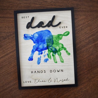 Hands Down Beste Vader Ooit | Gepersonaliseerd Gegraveerd Houten Bord | Vier Vader met Handafdrukken en Aangepaste Boodschap | Handgemaakt Vaderdag Geschenk