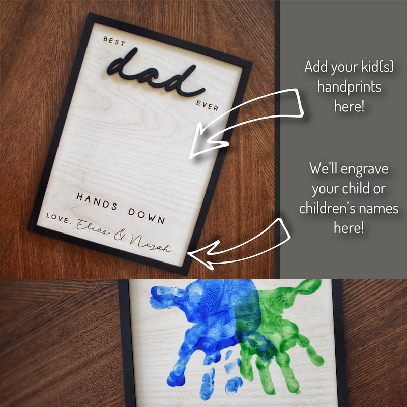 Hands Down Beste Vader Ooit | Gepersonaliseerd Gegraveerd Houten Bord | Vier Vader met Handafdrukken en Aangepaste Boodschap | Handgemaakt Vaderdag Geschenk